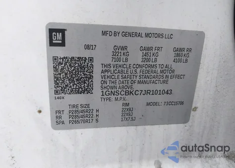 2018 Chevrolet Tahoe Lt z USA, uszkodzony, nr VIN 1GNSCBKC7JR101043